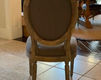 Set of 10 Restoration Hardware Vintage French Round Fabric Dining Chairs. Grey Oak finish. Measures Overall: 19¾"W x 23¼"D x 40½"H. Seat: 19¾"W x 19"D. Two Arm and 8 side chairs. Photo 3 of 4. 