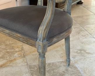 Set of 10 Restoration Hardware Vintage French Round Fabric Dining Chairs. Grey Oak finish. Measures Overall: 19¾"W x 23¼"D x 40½"H. Seat: 19¾"W x 19"D. Two Arm and 8 side chairs. Photo 1 of 4. 
