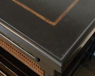 Ebony two-drawer console with cane shelf. Measures 72" W x 21" D x 31" H. Photo 3 of 4. 