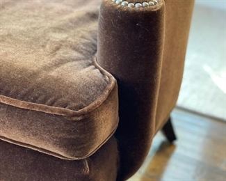 Mitchell Gold Bob Williams Club Chair upholstered in mocha colored performance velvet. Nailhead trim. Two available. Each measures 25" W x 31" D x 38" H. Photo 3 of 4 . 
