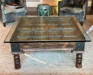 Rustic Glass-Top Cocktail Table. Measures 46" x 46" x 19" H. Photo 1 of 4. 