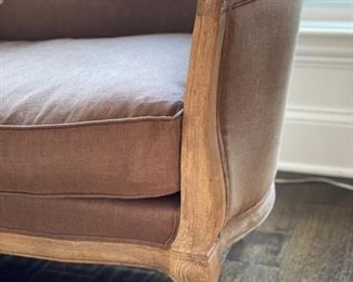 Limed Oak Settee upholstered in neutral linen. Classic Louis XV style with gently scalloped back arms and legs have subtle carvings. Measures 86" W x 30" D. Photo 2 of 3. 
