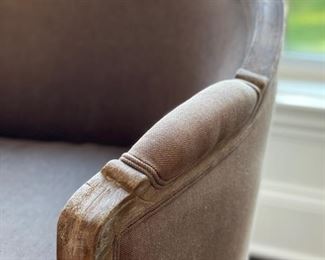 Limed Oak Settee upholstered in neutral linen. Classic Louis XV style with gently scalloped back arms and legs have subtle carvings. Measures 86" W x 30" D. Photo 3 of 3. 