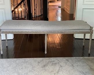 Limed Oak Bench with Linen Upholstered Seat Cushion and Nailhead Trim. Measures 66" W x 19" D x 22" H. Photo 1 of 3. 