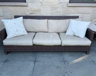 Restoration Hardware Woven All-Weather Rattan Sofa. Measures 86" W x 30" D.  Photo 1 of 3. 