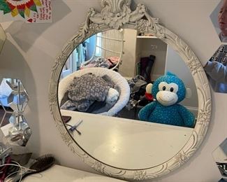 Vintage Ornate White Round Mirror. Measures approximately 24" D. 