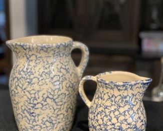 Spongeware Stoneware Pitchers. 