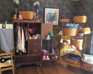 Longaberger baskets, TY beanie babies, Armoire, vintage linens