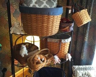 Bakers rack and Longaberger baskets