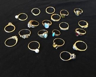 20 gold rings, 14K gold, most have stones/diamonds. Sale price $125 each, or buy in a bundle deal with stuff from the house!