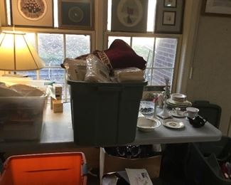 Art, bins full, glassware 