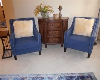 Pair of Blue Arm Chairs with Nail Head Trim.  Painted Bombay Chest with Drawers & Side Cabinets