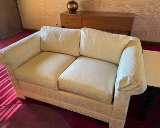White Thomasville loveseat, asian print
