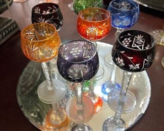 Multi-colored etched cordial stemware