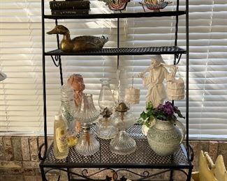 Wrought iron bakers rack, oil lamps, etc.