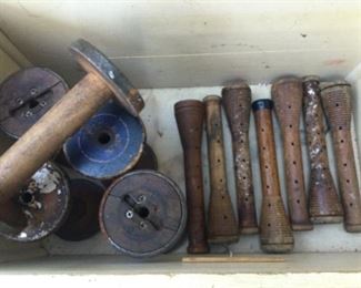Antique spindles and bobbins, thread spools