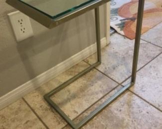 End table to slide over the sofa arm, mid century modern approved, metal frame with glass top
