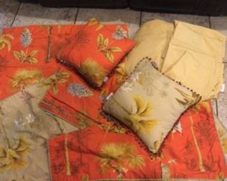 Set king sheets but great quality cloth to use, plus small beaded pillows and pillow shams, all shams and pillows reverse from butter yellow to pumpkin orange