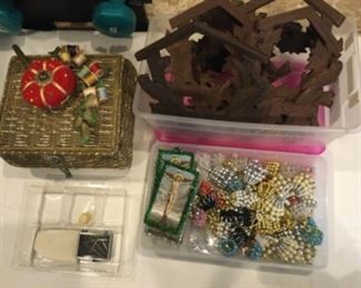 Craft supplies including cuckoo clock fronts, sewing box with tray, beaded angels, etc.