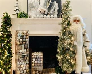 DITZ WHITE SANTA CLAUS, 5'H, BOXES OF CHRISTMAS ORNAMENTS, TREE SKIRTS, DECOR AND MORE!