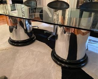 CONTEMPORARY DINING OR CONFERENCE TABLE WITH GLASS TOP AND DOUBLE CHROME BASE, 108X48