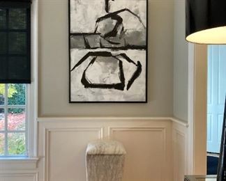 (2) DESIGNER BARSTOOLS IN GREY BRINDLE FABRIC W/ BRUSHED NICKEL FINISH FOOTREST, 16x16x30