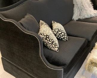 (2) MATCHING TAYLOR SOFAS W/ 3 CUSHION SEAT IN MASSUOUD ARGO EBONY FABRIC WITH GUN METAL NAILHEAD TRIM, 97LX42D