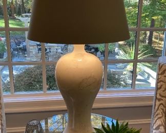 PAIR OF MATCHING DESIGNER LAMPS, CREAM BASE WITH MOCHA SHADE, 32HX19W(SHADE)