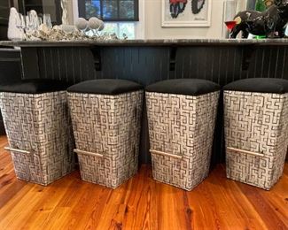 (4) DESIGNER BARSTOOLS IN ARGO EBONY FABRIC AND LEE JOFA FABRIC ON SIDES WITH BRUSHED NICKOL FOOTREST 16X16X30