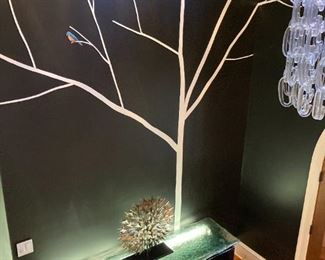 BLACK LACQUER CONSOLE WITH FROSTED LIGHT GLASS TOP, 72WX20DX30H