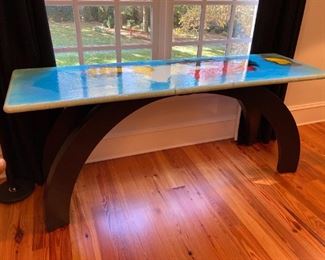 LARGE CONSOLE TABLE, BLOWN PAINT ON CERAMIC ON CUSTOM WOOD BASE, ITALY