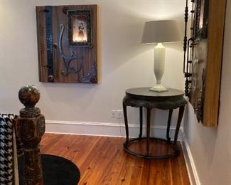 SPEER, ROUND DESIGNER TABLE, (2) IRON & WOOD LIGHT BOX ART