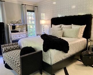 TIEBETAN HAND SPUN WOOL "BLACK FUR" KING HEADBOARD WITH BED FRAME, KING BEDDING IN TIEBETAN FUR & KRAVET FABRIC, CUSTOM BENCH WITH NAILHEAD TRIM