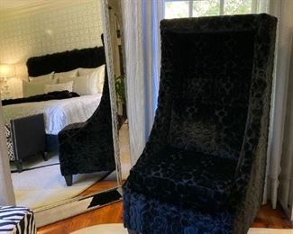 (2) PASHA, ANDRE CHAIRS IN SCULPTURE BLACK FUR' WITH ACCENT PILLOW (1 OF 2 SHOWN), LARGE OMNI DRESSING MIRROR
