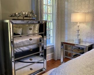 OMNI MIRRORED 5 DRAWER TALL CHEST, (2) OMNI MIRRORED 3 DRAWER BEDSIDE CHESTS