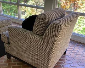 (2) NICOLE MILLER BLACK/WHITE CLUB CHAIRS WITH THREADED LEATHER STITCH DESIGN AND LARGE OTTOMAN