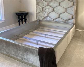 DESIGNER QUEEN BED FRAME IN SILVER CRUSHED FABRIC