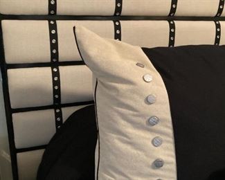 MARGE CARSON, SOLAN KING BEDDING PACKAGE; COMFORTER IN JALAPENO BLACK, GRIEGE LINING WITH BANDING/WELTING/ DECO BUTTONS/MECHANICAL ZEBRA W/ WELT, INCLUDES GALACTIC BLACK BOLSTER AND DECO BUTTON BEDSKIRT