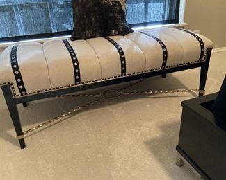 MARGE CARSON, DESIGNER BOLERO BENCH IN KINGSMAN FABRIC W/BOOTSTRAP NAILHEAD & CAVIAR TRIM PLUS DECO METAL BUTTONS