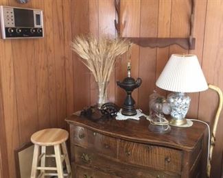 antique oak dresser, gun rack, lamps, and more