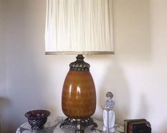 beautiful marble top table with 1960s lamp and carnival glass, and old books and other great items