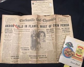 Clarksville leaf chronicle news paper 1933, fodd ration receipt, stamp book 