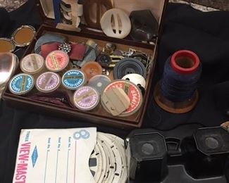 old buttons, thread, view master with slides