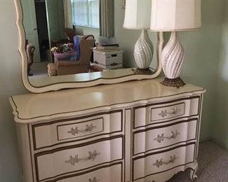 French provincial dresser with mirror and mid century lamp