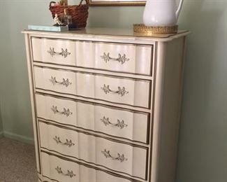 french provincial high boy dresser with pitcher and clarkville print 