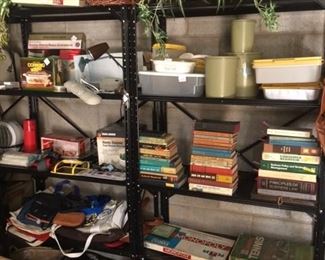 great collection of tupperware, old books, floral arrangements, baskets and more