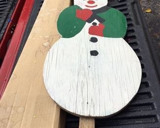 wooded snowman cut out and silver Christmas tree in box