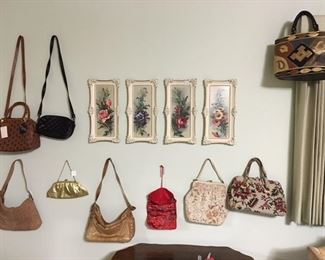 4 pc. wall hanging and greal selection of hand bags