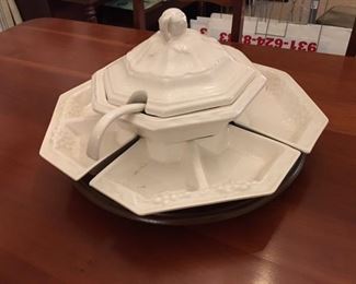 lazy susan with 4 sided divided soup tureen