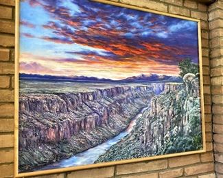 Original framed oil - "Rio Grande Gorge at Sunset - Taos" by  Heinz Stoecker   (36 inches x 48 inches)